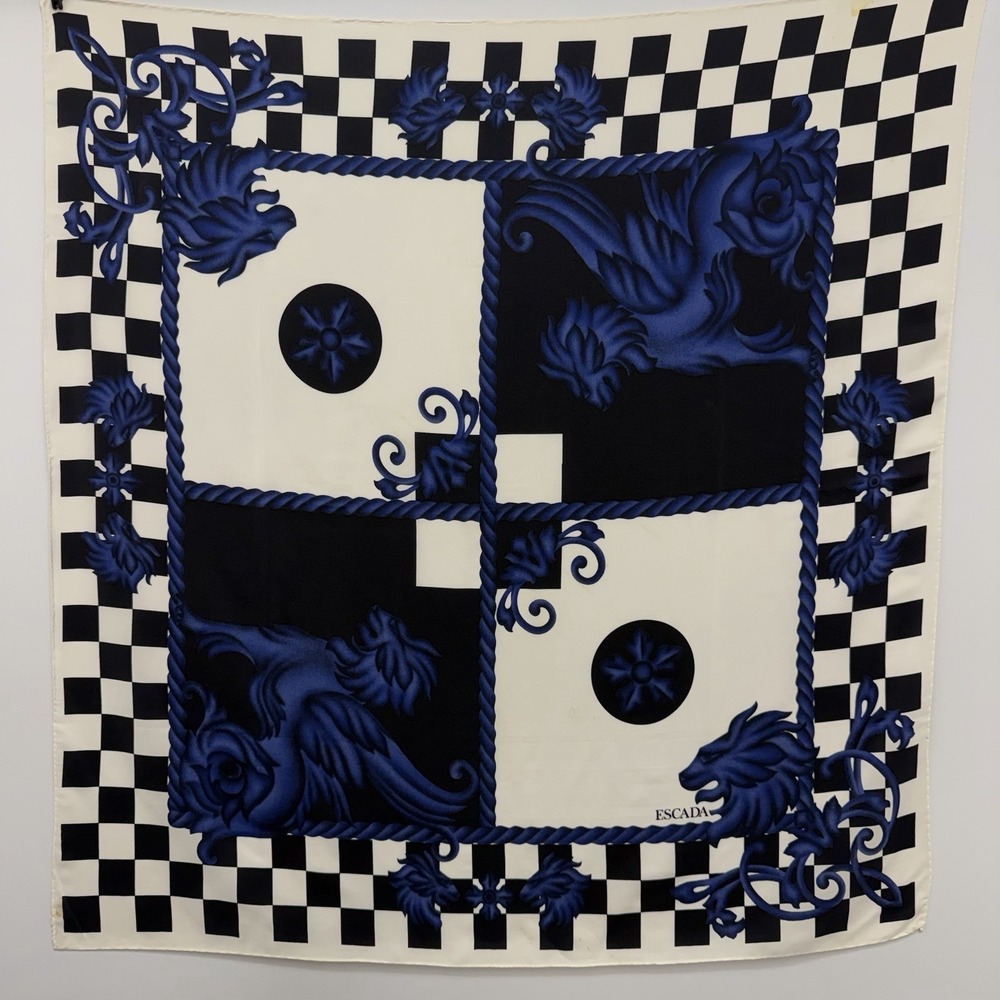 Escada 100% Silk Scarf Baroque Lion Checker Board Black Blue Off White